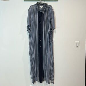 Avenue short sleeve maxi length striped sheer blue cover up shirt plus size 24